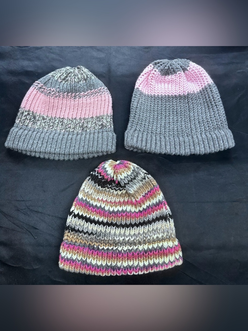 Women's Knit Beanie Hat - Gray with Pink Accent